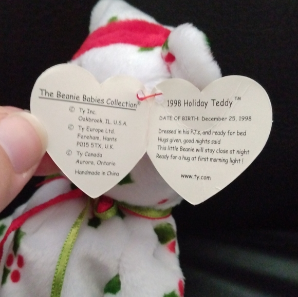 RARE, TY Beanie Baby 1998 Holiday Teddy Bear Holly Berries on White - Picture 5 of 11